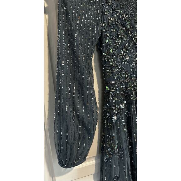 NWT Mac Duggal High Neck Size 6 Floral Embellished Puff Long Sleeve Midi Dress - Picture 4 of 16